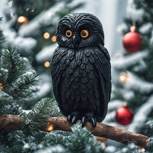 A solitary black ornamental owl perched on the highest branch of a drooping Christmas tree, its eyes gleaming malevolently.