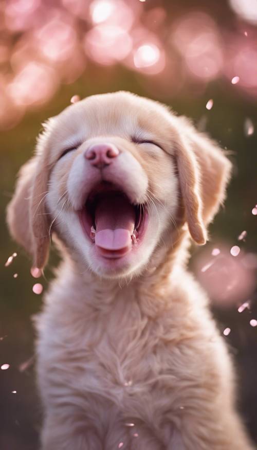 Um lindo cachorrinho rosa está bocejando depois de um longo dia de brincadeira.