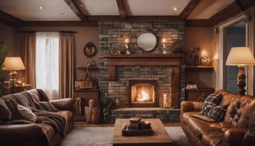 غرفة معيشة مريحة بها مدفأة مضاءة وأريكة بنية منقوشة وأثاث عتيق من خشب البلوط.