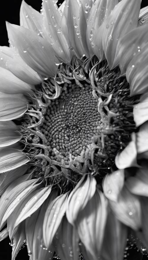 Nahaufnahme eines Detailkopfes einer Sonnenblume, in der Mitte sind die von Tautropfen berührten Samen sichtbar, in Graustufen dargestellt.