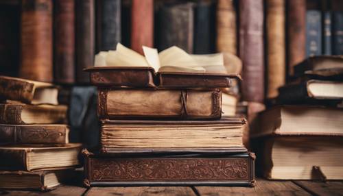 Una colección de libros antiguos encuadernados en cuero apilados al azar sobre una mesa rústica de madera.