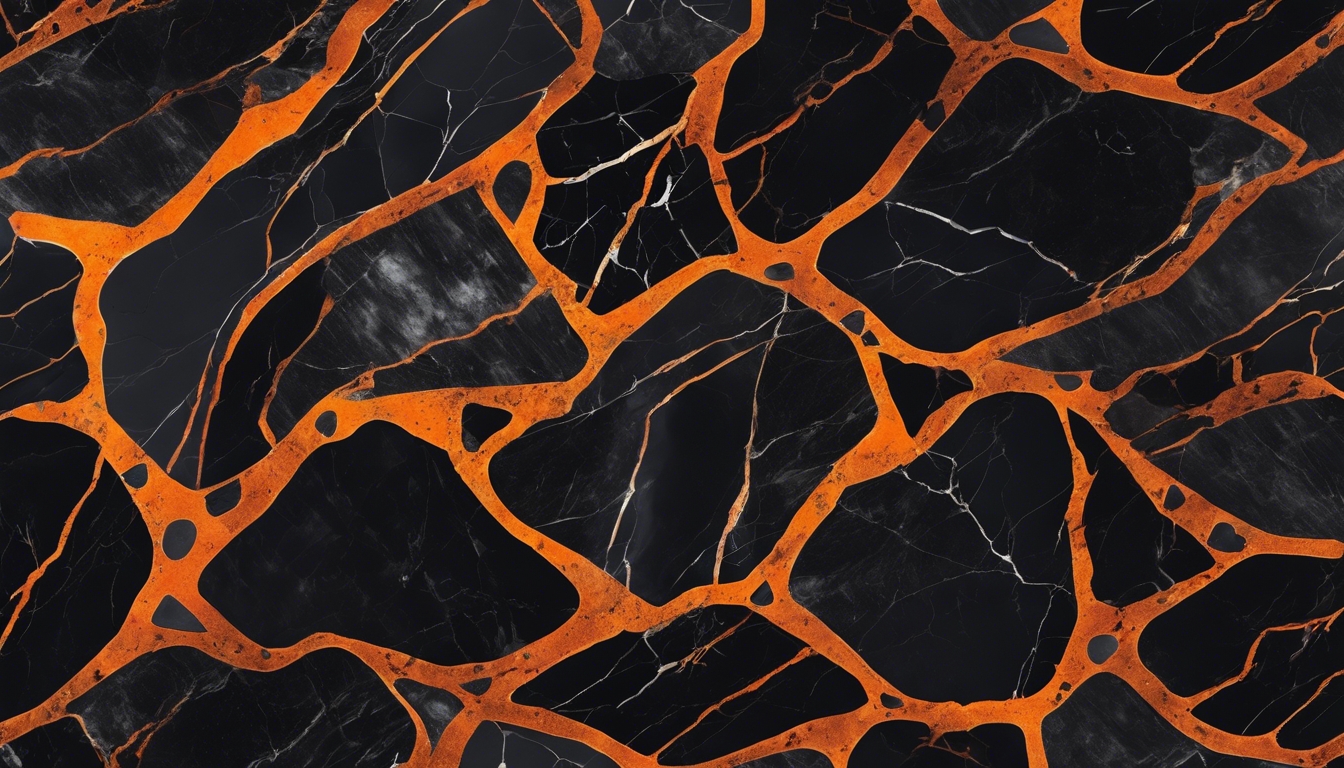The view of polished black marble with contrasting orange veins. 墙纸[d6f988f9465a4190abc7]