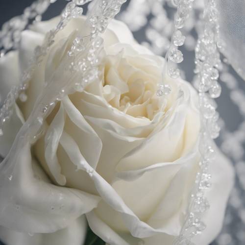 Welon ślubny delikatnie ozdobiony drobnymi białymi różyczkami.