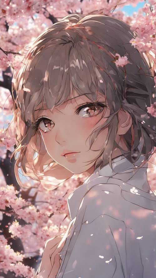Un primer plano del rostro de una hermosa chica anime enmarcado por flores de cerezo.