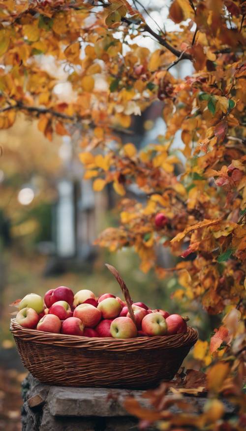 Framing autumn's bounty in a picturesque shot: A wicker basket filled with ripe apples amidst the vivid colors of fall foliage. Шпалери [0fa64814030544f1a28c]