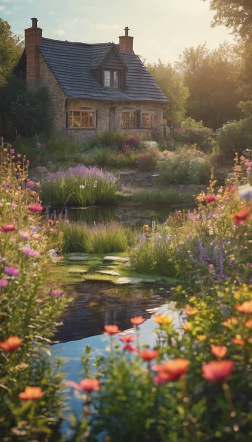 小屋前景中有一个风景如画的小池塘，周围环绕着鲜艳的野花”。