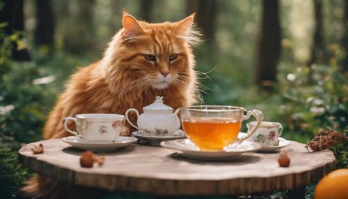 Un gato Maine Coon naranja y esponjoso bebiendo té en una caprichosa fiesta de té en un claro del bosque.