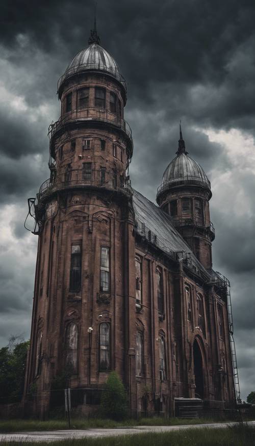 Um imponente edifício industrial de inspiração gótica contra um céu tempestuoso.