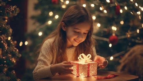 An excited young girl opening a magical, glowing gift under the New Year's tree.