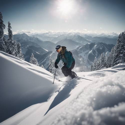 Uma pessoa esculpindo neve profunda enquanto esquia no interior, com picos cobertos de neve ao fundo.