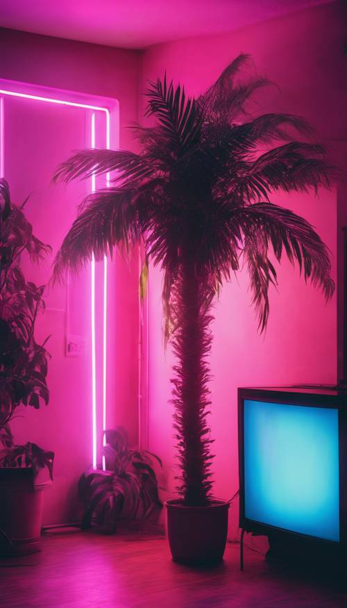 20 世纪 80 年代风格房间角落里的一棵霓虹棕榈树，展现了蒸汽波美学。