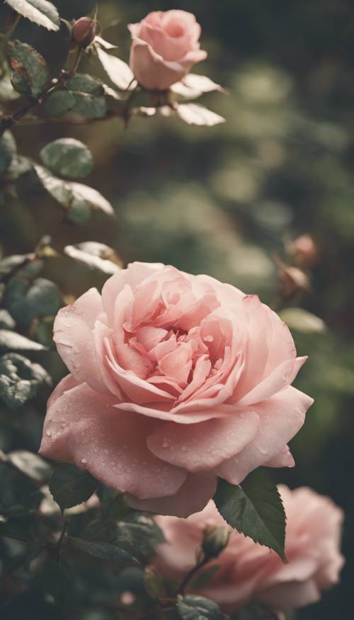 Mawar vintage yang mekar dengan kelopak merah muda yang lembut dalam suasana taman pedesaan.