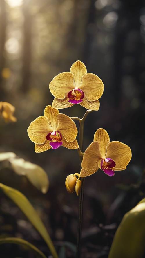 A gold orchid, vibrant and glowing with a soft glow against a dark forest backdrop.