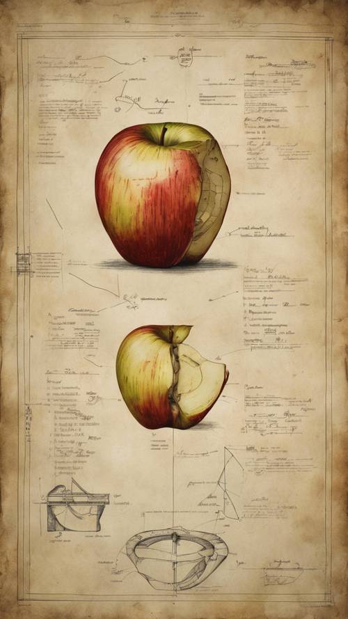 一張古董羊皮紙，上面有手繪的蘋果解剖圖。