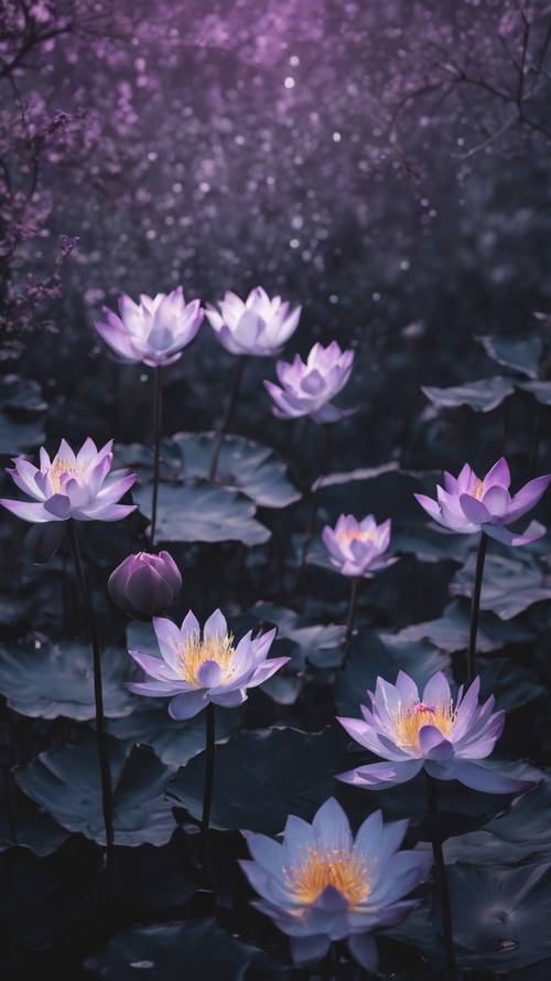 Düsterer Mitternachtsgarten voller schwarzer Lotusblüten und Flieder.