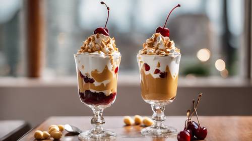 A butterscotch sundae with whipped cream and a cherry, served in a tall glass.