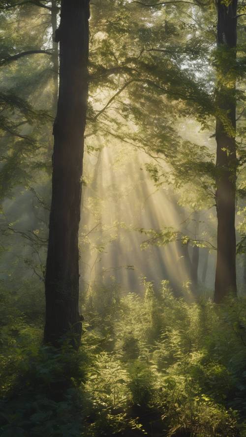 Спокойный лес на рассвете, лучи утреннего света просачиваются сквозь густую листву и освещают капли росы.