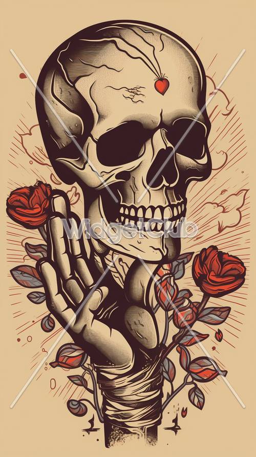 Skull Holding Roses Art Tapet [42cabec839c241329c81]