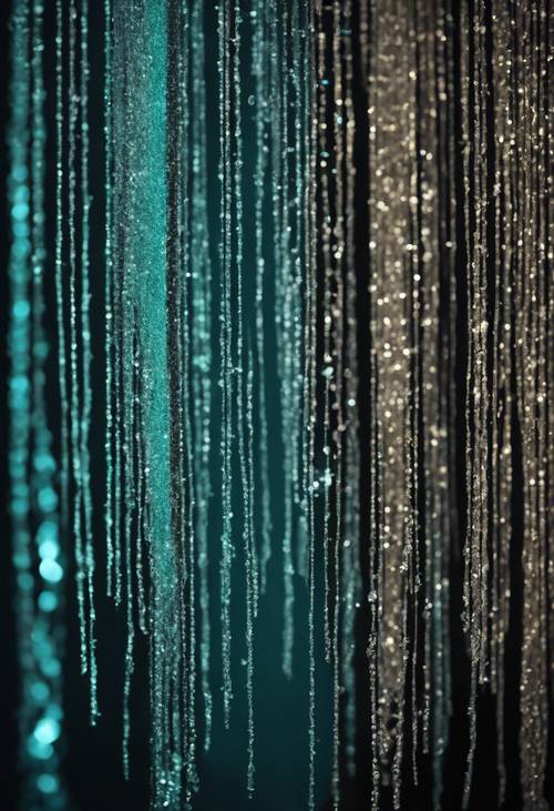 Glitter azul-petróleo caindo em cascata contra uma cortina de veludo preto.