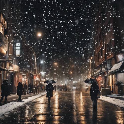 Snowflakes falling within a busy cityscape at night.