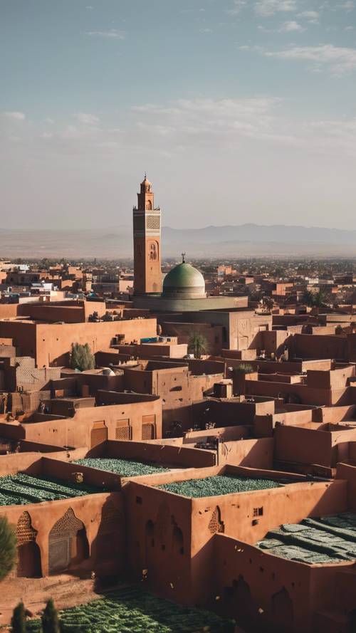 Panoramę Marrakeszu ilustrującą labirynt rynków i stojący wysoki meczet Koutoubia.