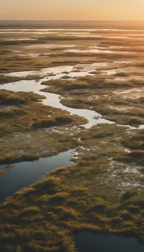 An aerial view of an expansive marsh at sunrise.