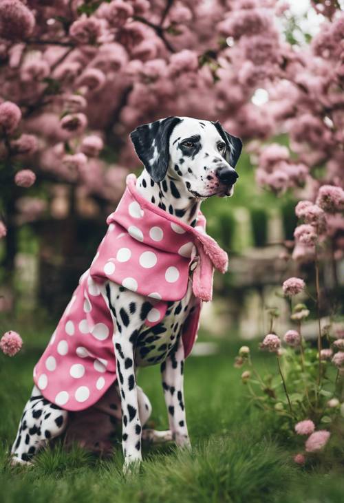 Um dálmata malhado com um casaco exclusivo de bolinhas rosa e brancas, explorando curiosamente um parque verdejante.