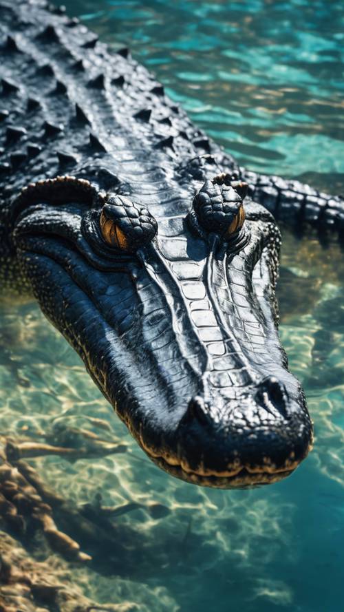 A majestic black crocodile cruising in the clear blue water of a tropical sea.