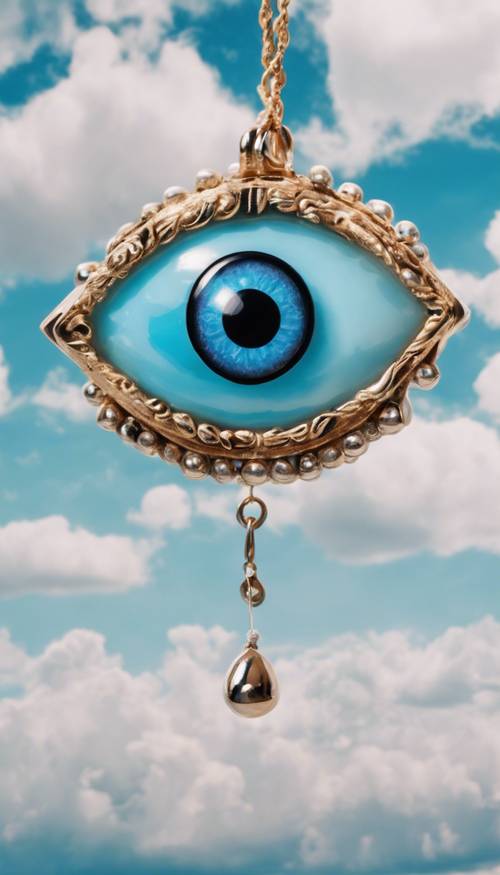 A whimsical animation of an evil eye charm floating among the clouds in a clear blue sky.