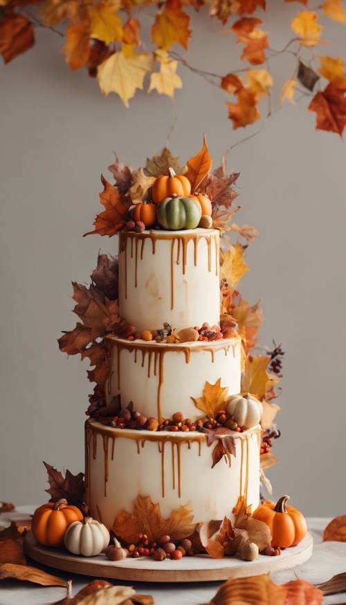 Immagine di una torta festosa del Ringraziamento decorata con foglie autunnali e zucche.