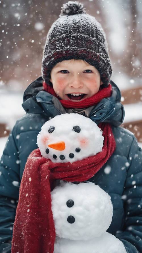 A fair-haired boy bundled up in a warm coat and red scarf, making a snowman on a snowy day with an excited expression.