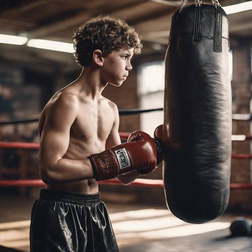 A muscular teen boy, heavily gloved, slamming punching bag in a gritty boxing gym, sweat glistening on his skin.