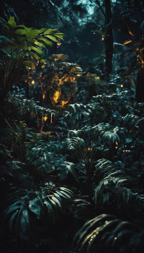 An eerie black jungle with glowing neon plants under the moonlight.