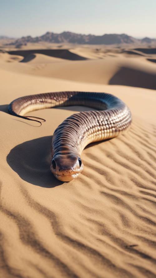 A slithering, colossal worm creature, buried under the sand dunes of a desert, ready to attack unsuspecting travelers.