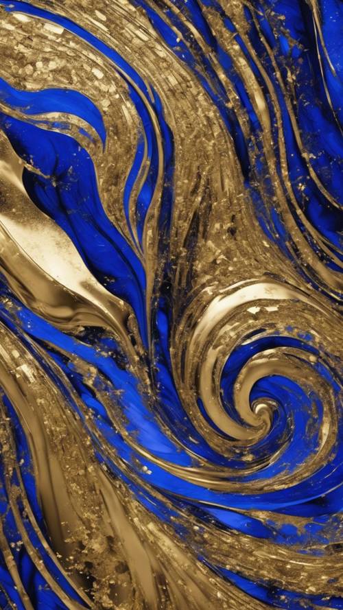 Un remolino abstracto de azul real y oro metálico, que recuerda al mármol de alta gama.