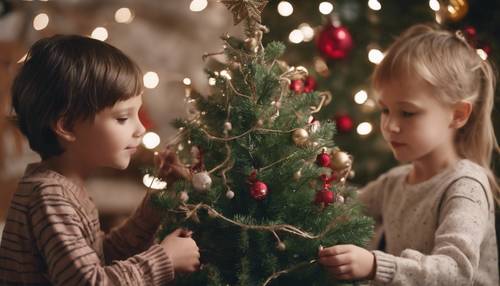 手作りの飾りを使って自然なクリスマスツリーを飾る子供たち