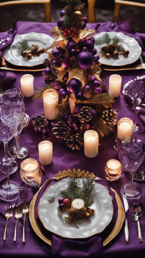 Mor masa örtüsü, gümüş eşyalar ve mumlarla dolu bir Noel yemeği ortamının yüksek açılı görüntüsü.