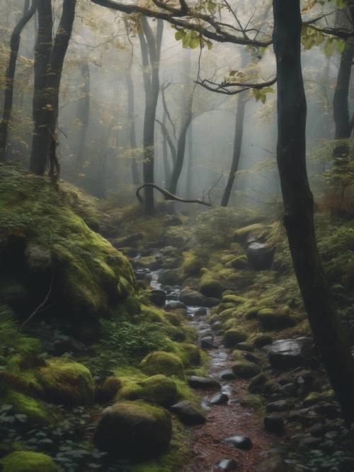 A dense, foggy forest split by a meandering stream with rocks scattered along its path.
