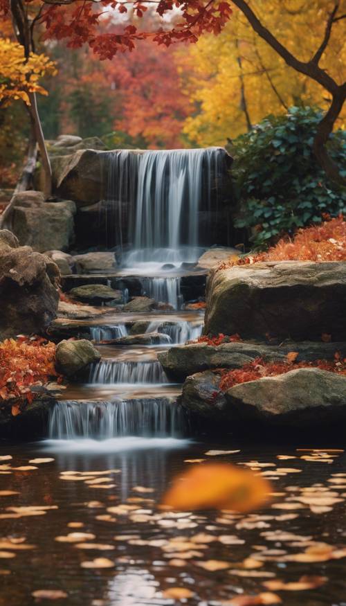 小瀑布缓缓流淌，汇入宁静的池塘，周围环绕着色彩缤纷的秋叶。