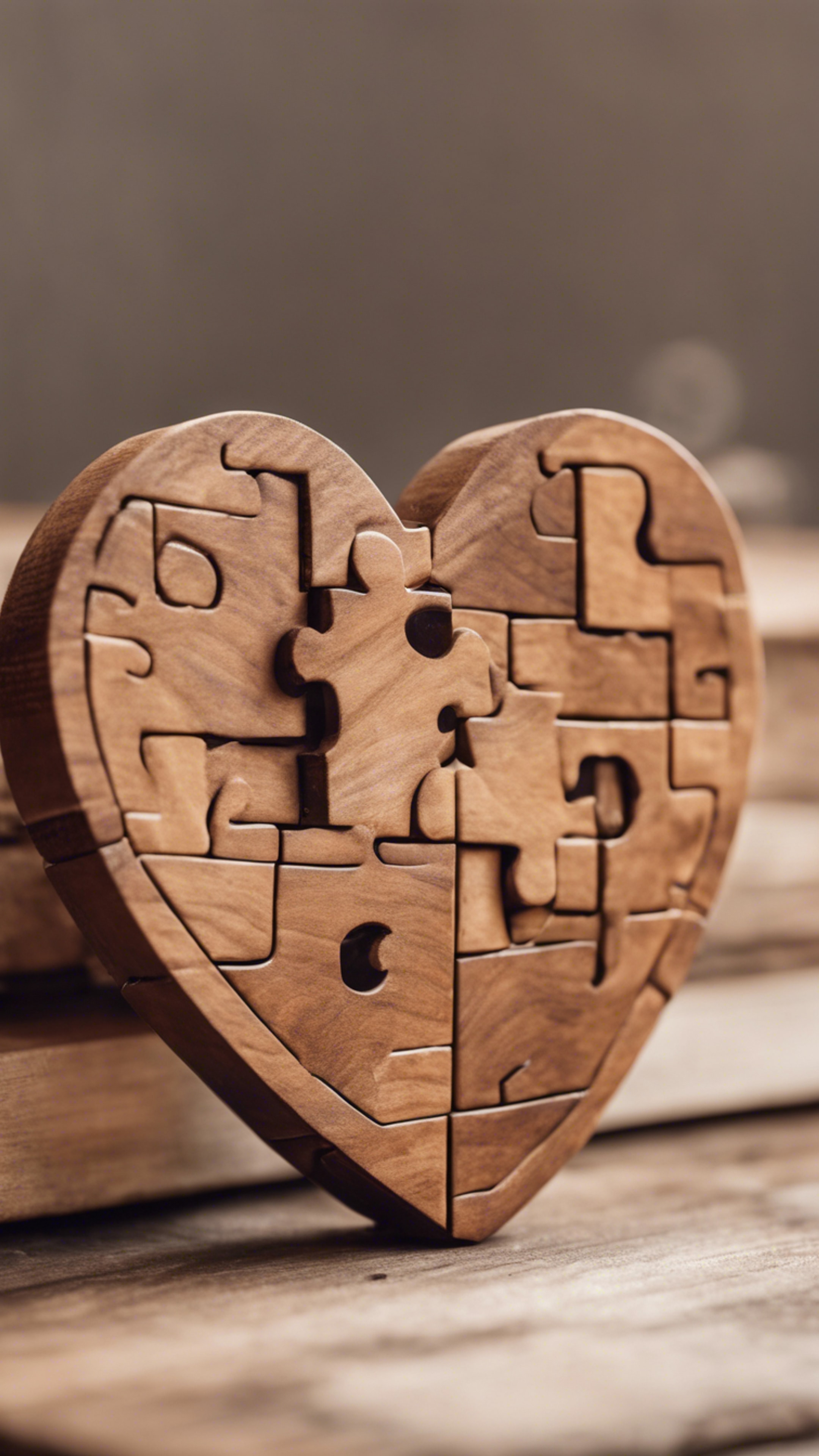 A brown wooden heart-shaped puzzle piece fitting perfectly into its place.壁紙[5dddface261c4e859b18]