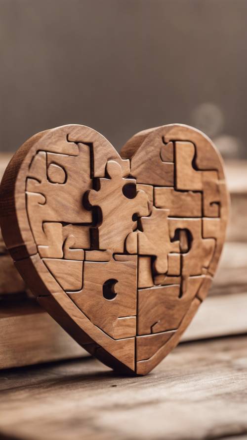 Un pezzo di puzzle in legno marrone a forma di cuore che si inserisce perfettamente al suo posto.