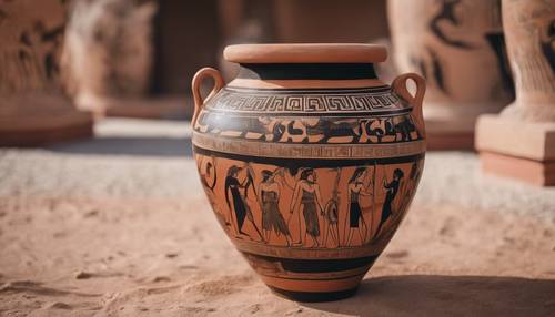 An ancient Greek pot decorated with beautifully illustrated mythological scenes in terracotta and black figures.