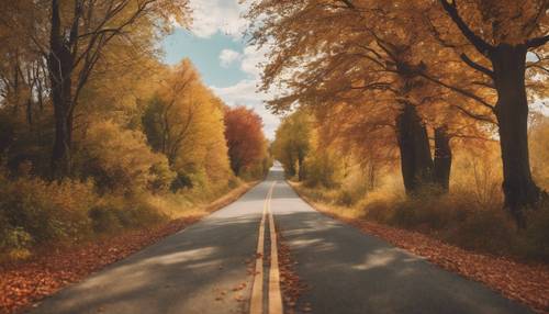 Jalan pedesaan yang melintasi lanskap musim gugur yang indah