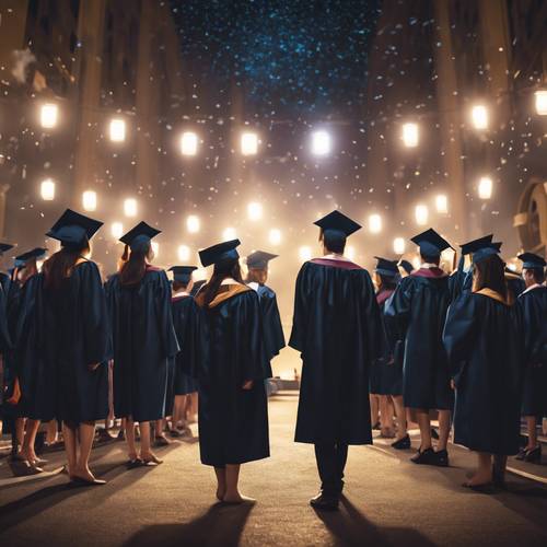 A night graduation ceremony with lights illuminating the faces of graduates.