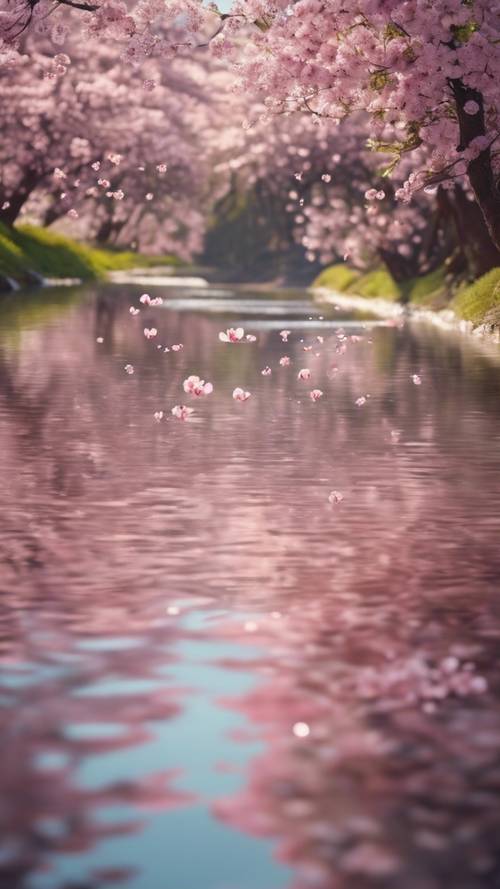 Une scène onirique de fleurs de cerisier roses flottant sur une rivière tranquille