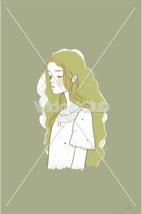 Dreamy Girl in Olive Green Background