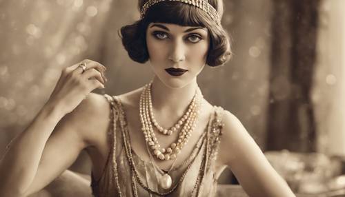 Une affiche de mode vintage rouillée représentant une jeune femme dans une tenue à clapet des années 1920 tenant un collier de perles.