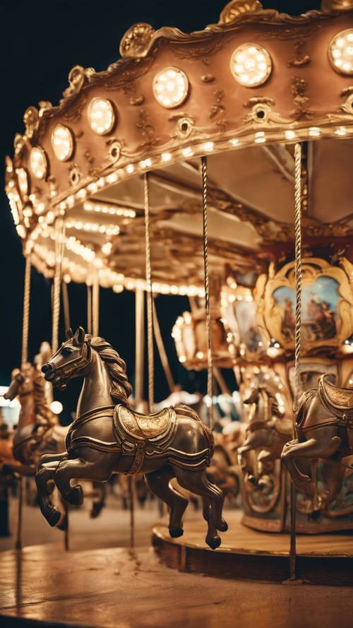 A vintage carousel in a rustic fair, illuminated with warm, golden lights.
