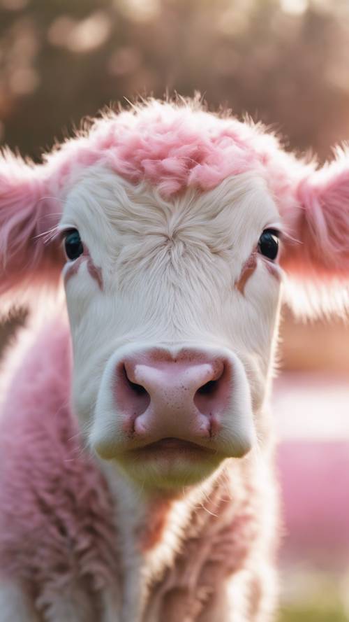 这是一头可爱的小牛的特写照片，它有着蓬松的粉红色和白色图案的皮毛。