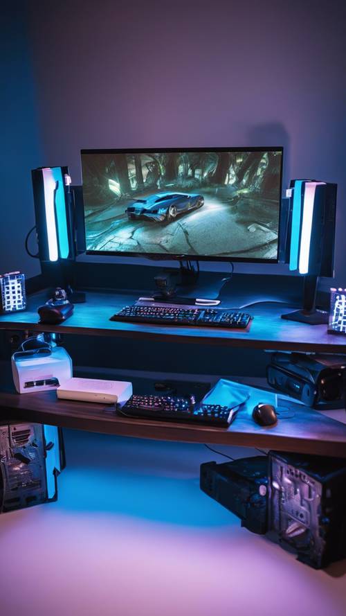 إعداد ألعاب عالي التقنية مع أضواء محيطة زرقاء ومعدات ألعاب بيضاء في الليل.